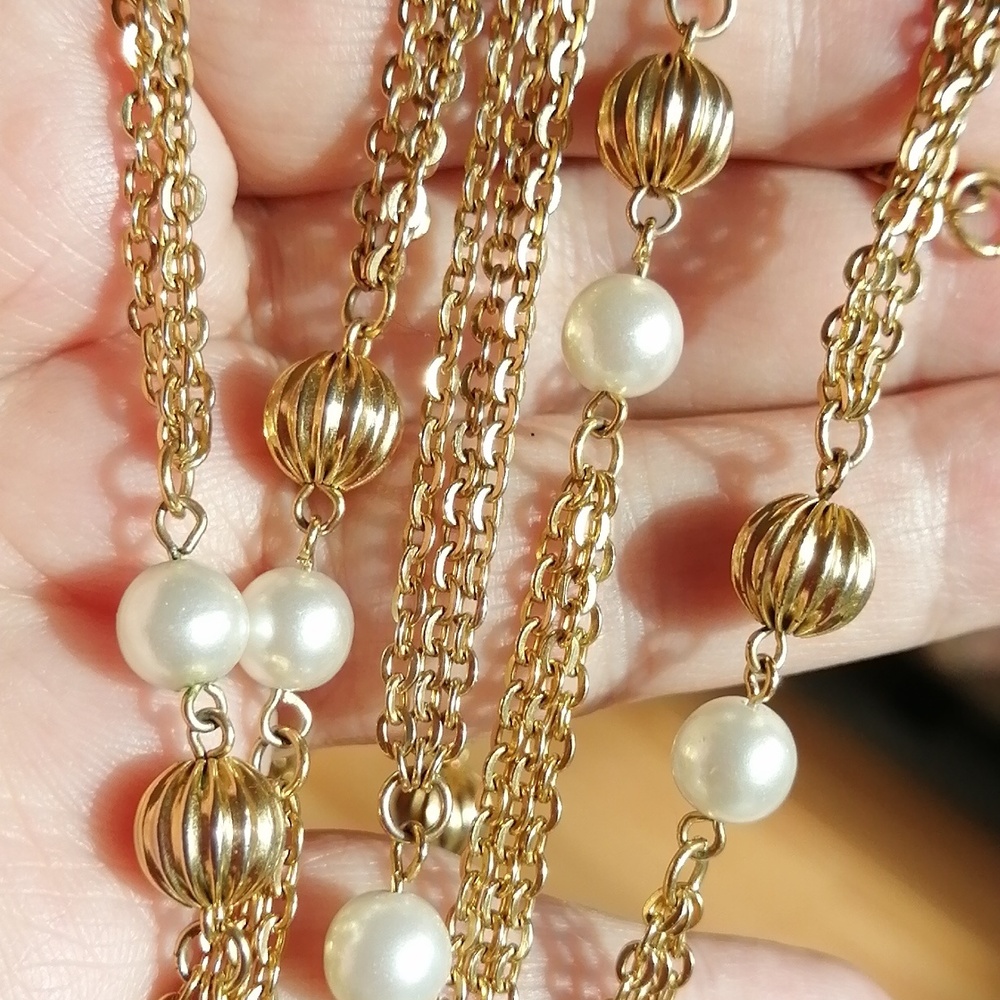 Vintage Gold Tone and Pearl Long Necklace